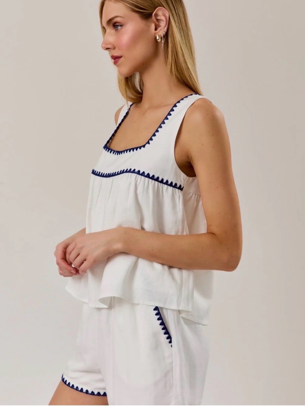 White Sleeveless Tank and Short Set with Navy Trim - Women